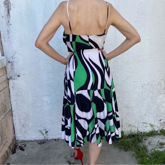Sharon Max Black White Green Abstract Pint Tie Front Knot Tank Sleeveless Dress! - Picture 3 of 7
